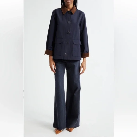 NWT Veronica Beard Arlen Corduroy Trim Barn Coat Navy Brown - Picture 2 of 12